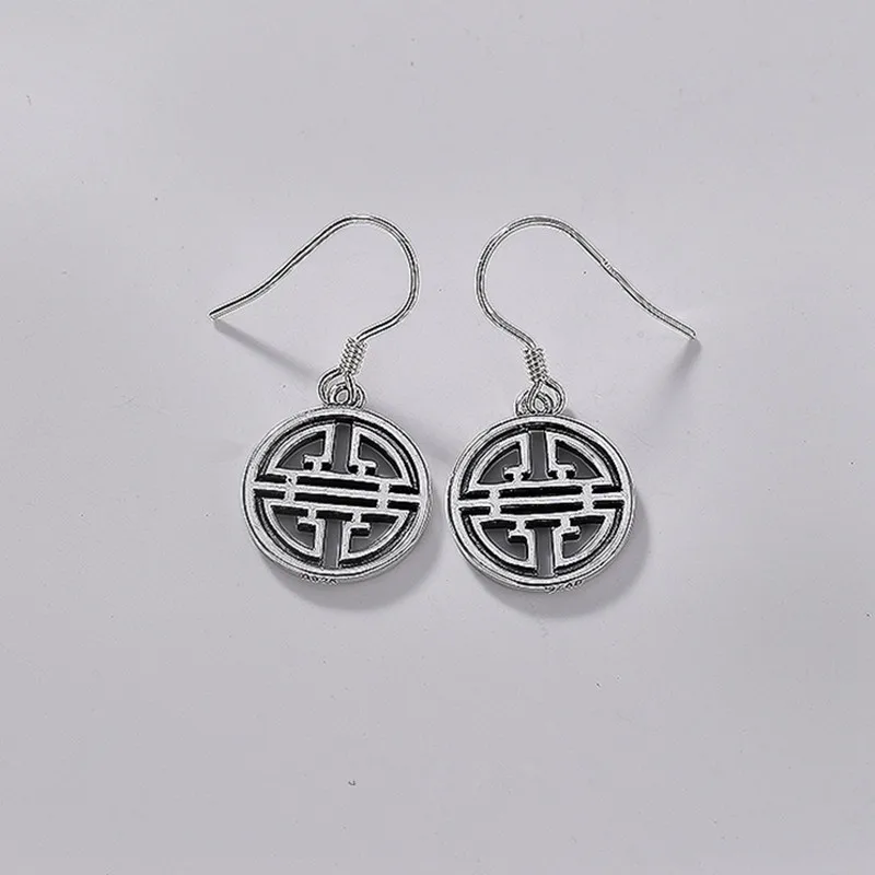 Uglyless Genuine Solid 925 Sterling Silver Round Fine Jewelry for Women Chinese Wind Longevity Earrings Hollow Medal | Украшения и