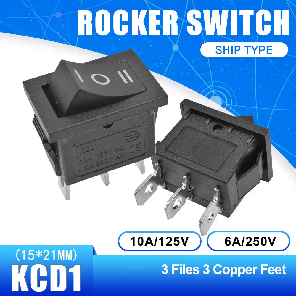On-Off-On 3 Pin 5 шт. KCD1 Кулисный панель-переключатель ВКЛ-ВЫКЛ-ВКЛ кнопка 2 штифты 3 штифты 4 штифты 6 штифтов выключатель света 6A 250 В/10A 125 в 15*21 мм - Цвет: On-Off-On 3 Pin