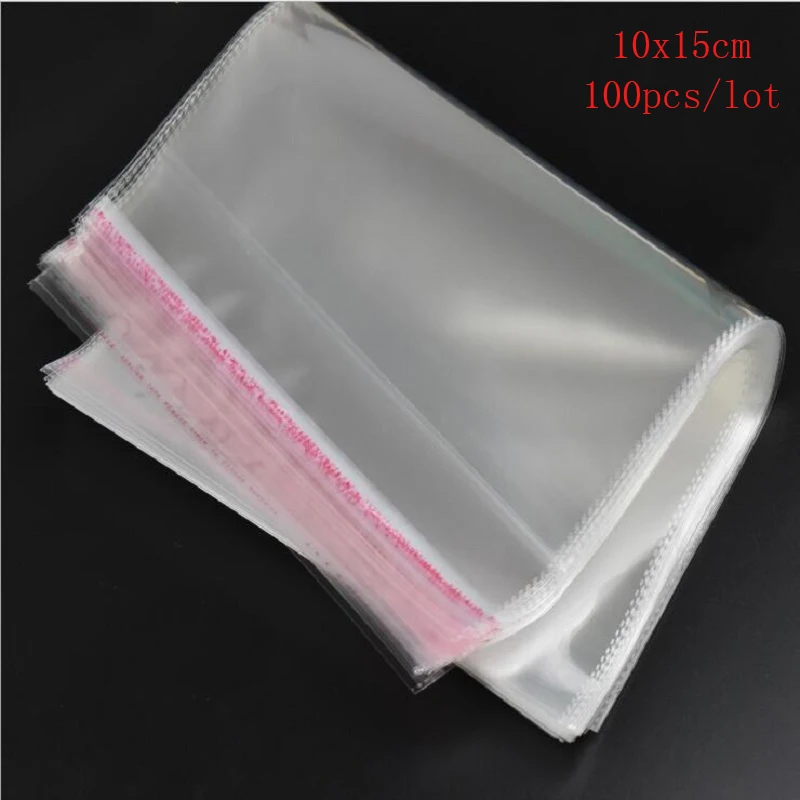 

100pcs/lot 10x15cm Clear/transparent self adhesive seal plastic OPP Bags of Storage Bags hang for lunch/gift packing