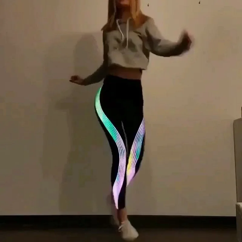 2018 Hot Women Leggings Black laser Strip Luminous Light Fitness Elasticity Leggins Slim High Waist Trousers Sexy Dance Pants | Женская