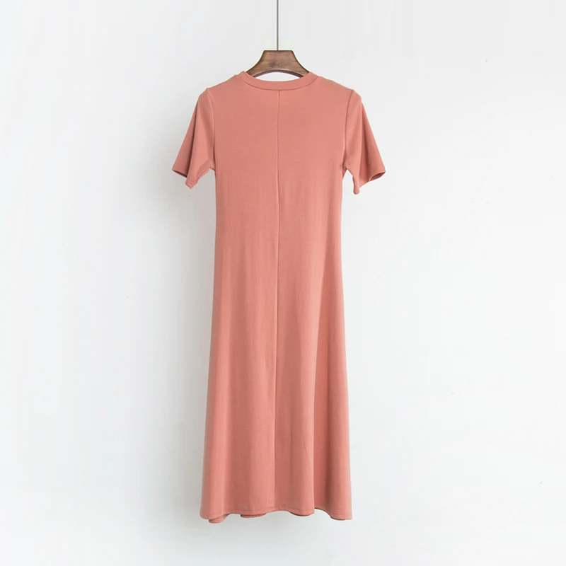 2020 Новое однотонное женское платье с круглым вырезом и коротким рукавом до