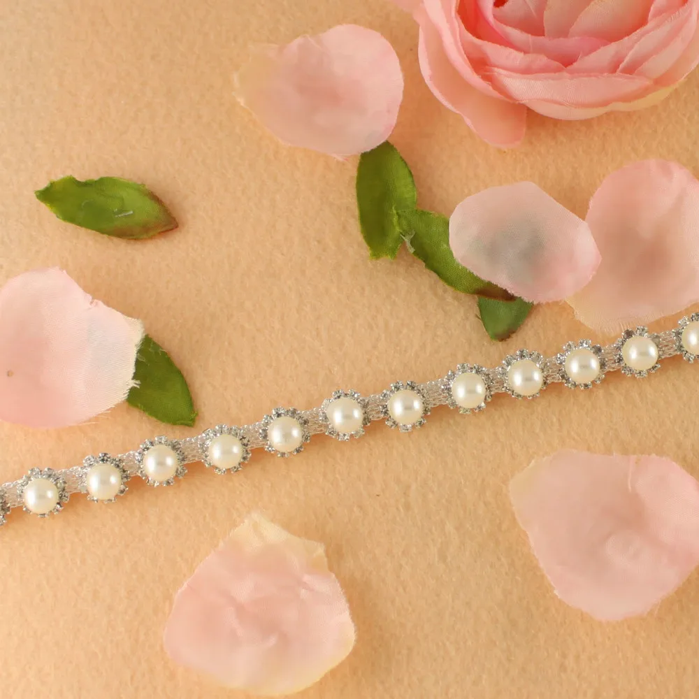 1 ярд Блестящий горный хрусталь серебро слоновой кости жемчуг пошив костюма