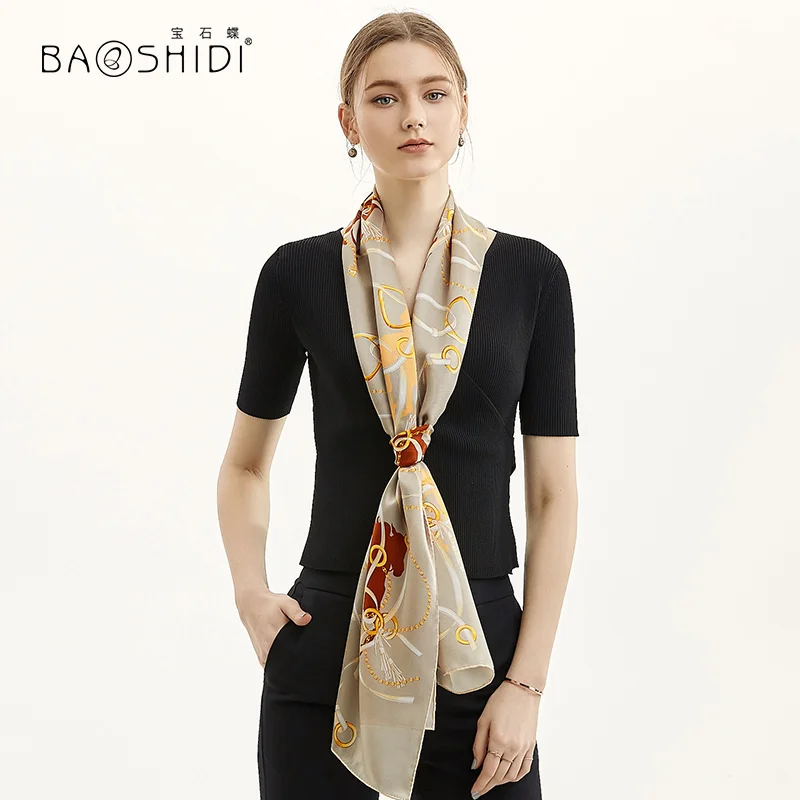 [BAOSHIDI] роскошный бренд шелковый длинный шарф, женская шелковая атласная Модная шаль, женский элегантный мягкий весенний натуральный шелковый шарф