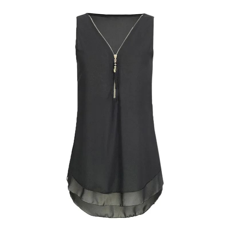 Женские свободные шифоновые футболки без рукавов с v-образным вырезом на молнии