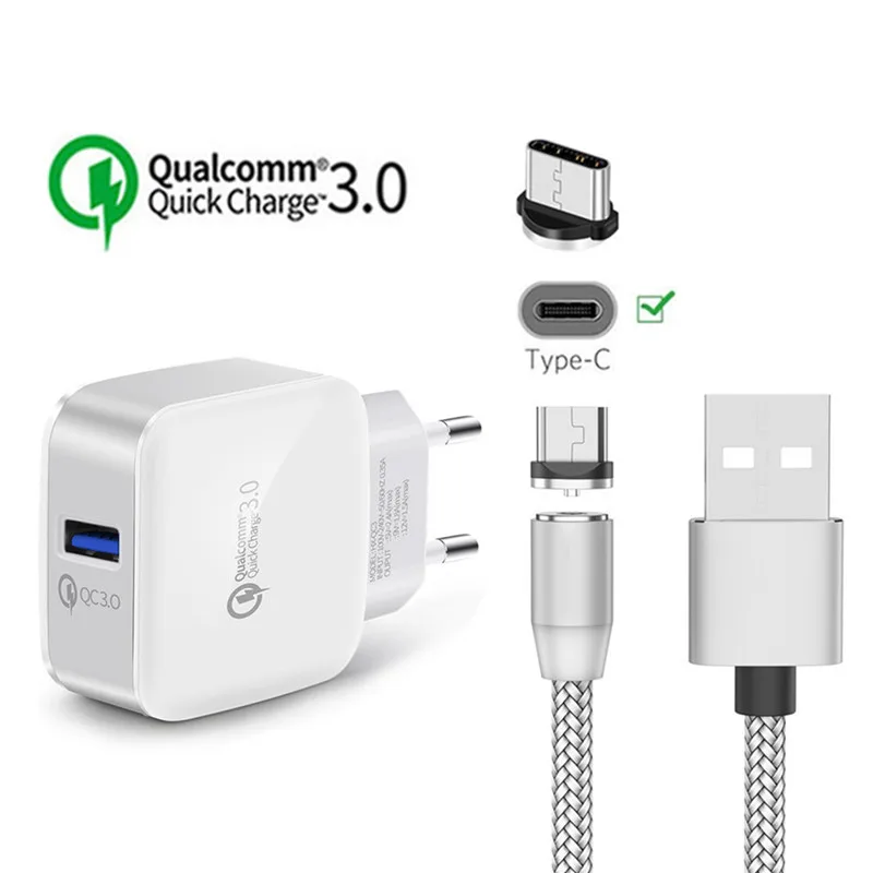 EU charger and cable Type C Magnet Charge Cable For Motorola One Vision Power Samsung S8 S10 A20E A40 A60 A70 LG G6 Magnetic USB QC 3.0 Fast Charger - Тип штекера: EU charger and cable
