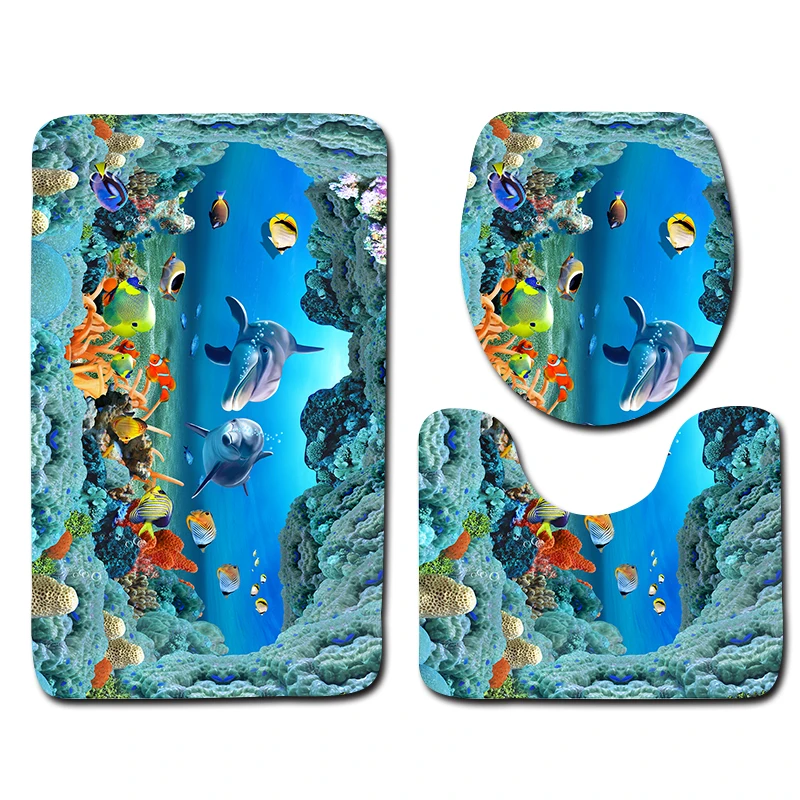 3d underwater world bathroom shower bath mat toilet lid cover bathroom carpet rugs home decoration dolphin bathroom mat set free global shipping