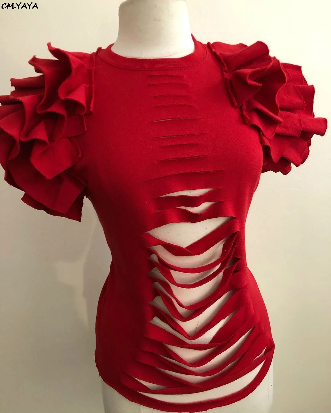 Новинка 2019 Женская Летняя Сексуальная футболка с вырезами каскадными оборками и