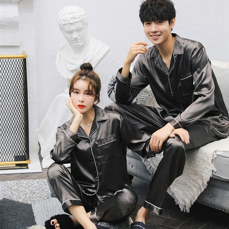 Модные пижамные комплекты с длинными рукавами атласные для пары домашний костюм