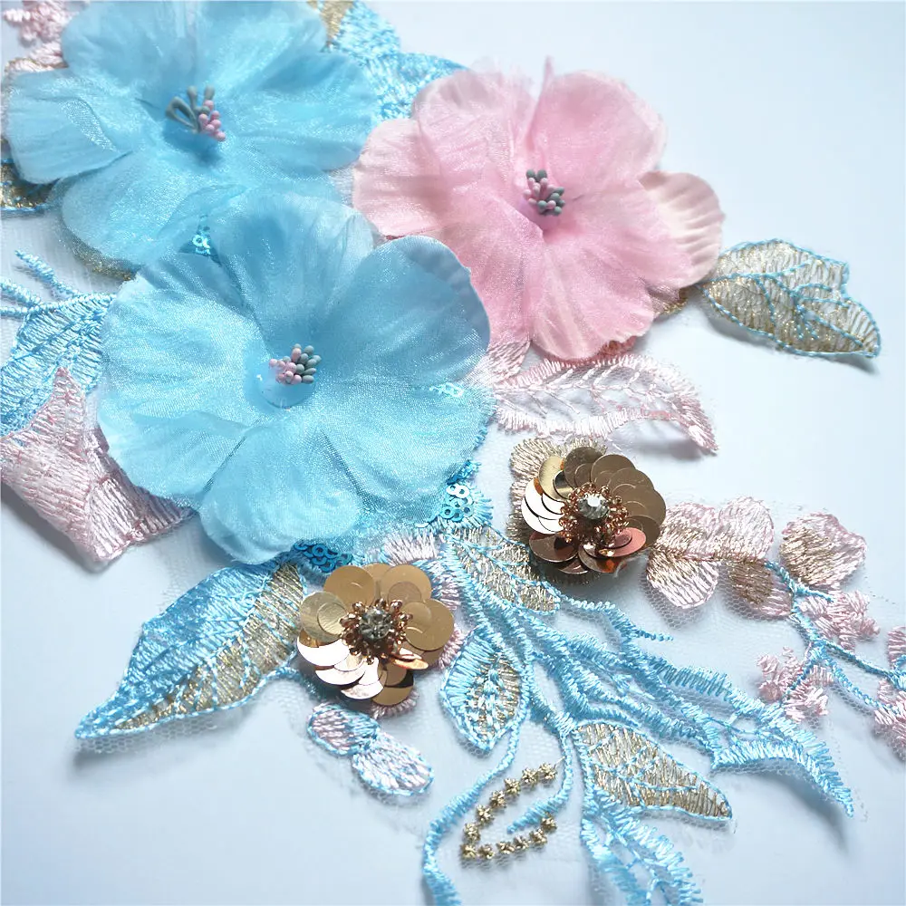 Синяя розовая ткань 40 см 3D цветы розы блестки Аппликации кружевная отделка