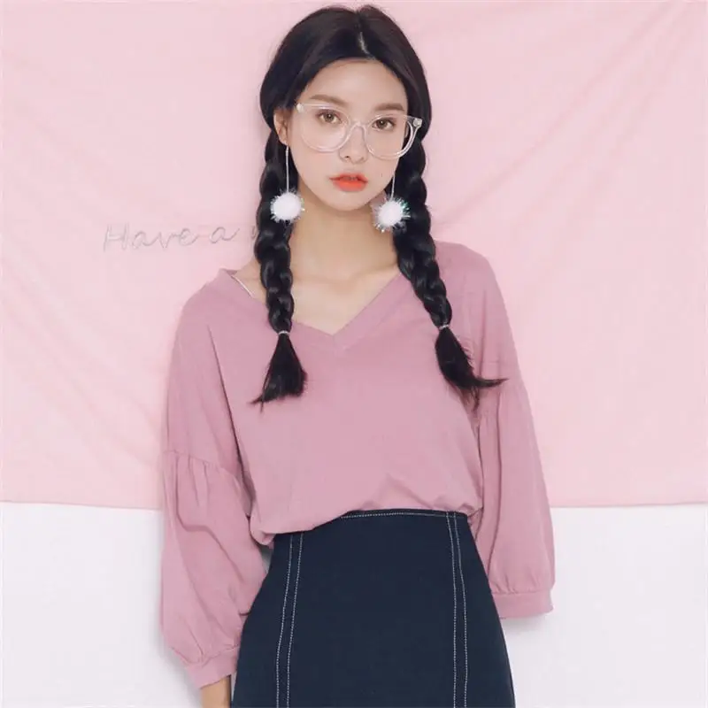 Женские рубашки для девушек Kawaii Ulzzang Повседневная Однотонная рубашка с v образным