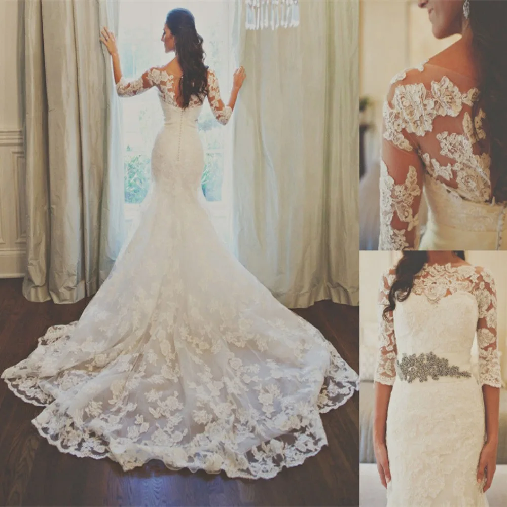 2015 Романтический Белый Кот Кружево Аппликация Русалка Свадебные Платья Половина
