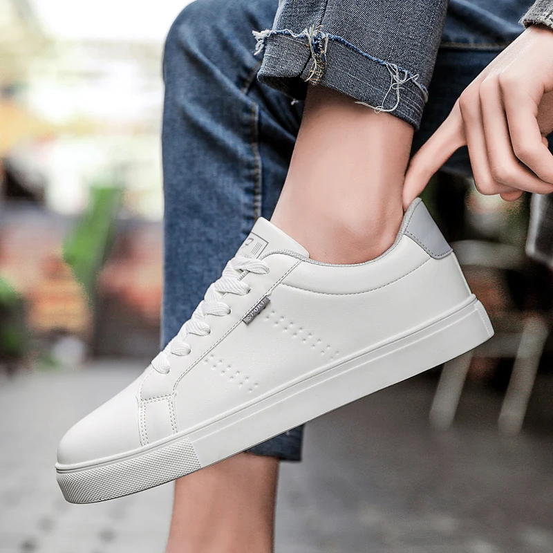 PUPUDA Men Shoes Spring Autumn Casual Leather Flat Lace-up Low Top White Male Sneakers Classic comfortable fashion Korean | Обувь
