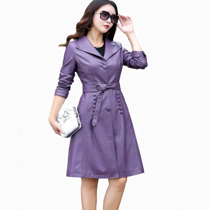 

2017 new arrival women autumn winter trench plus size length coat slim moto&biker female fashion leather overcoat ZL693