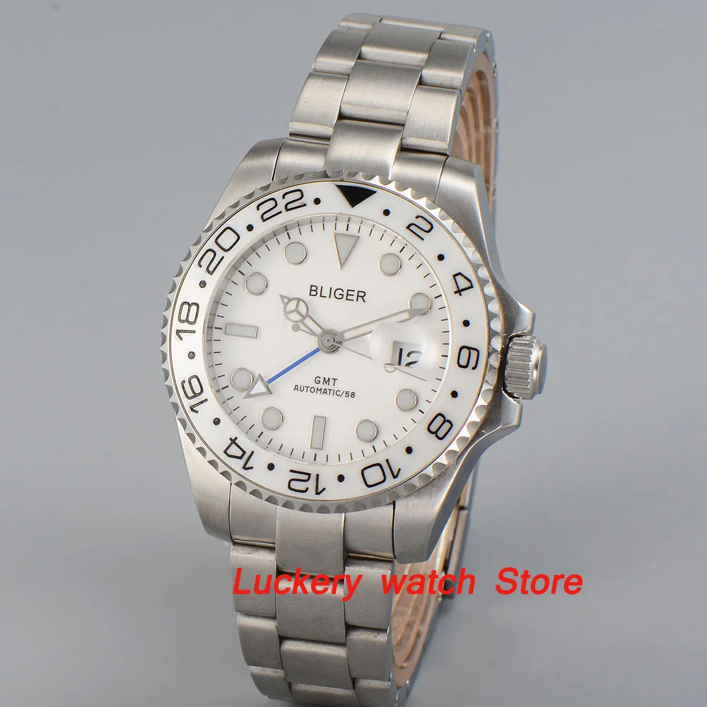

Bliger 40mm white dial luminous saphire glass;white Ceramic Bezel GMT Automatic movement men's watch-BA09
