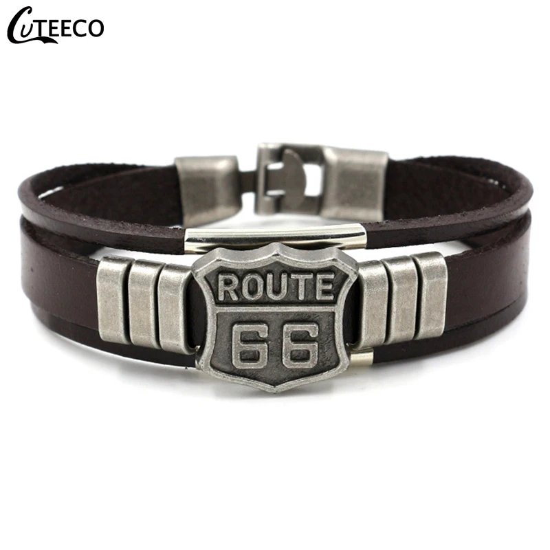 Лидер продаж 2018 мужской кожаный браслет CUTEECO в стиле панк Route 66 черные браслеты