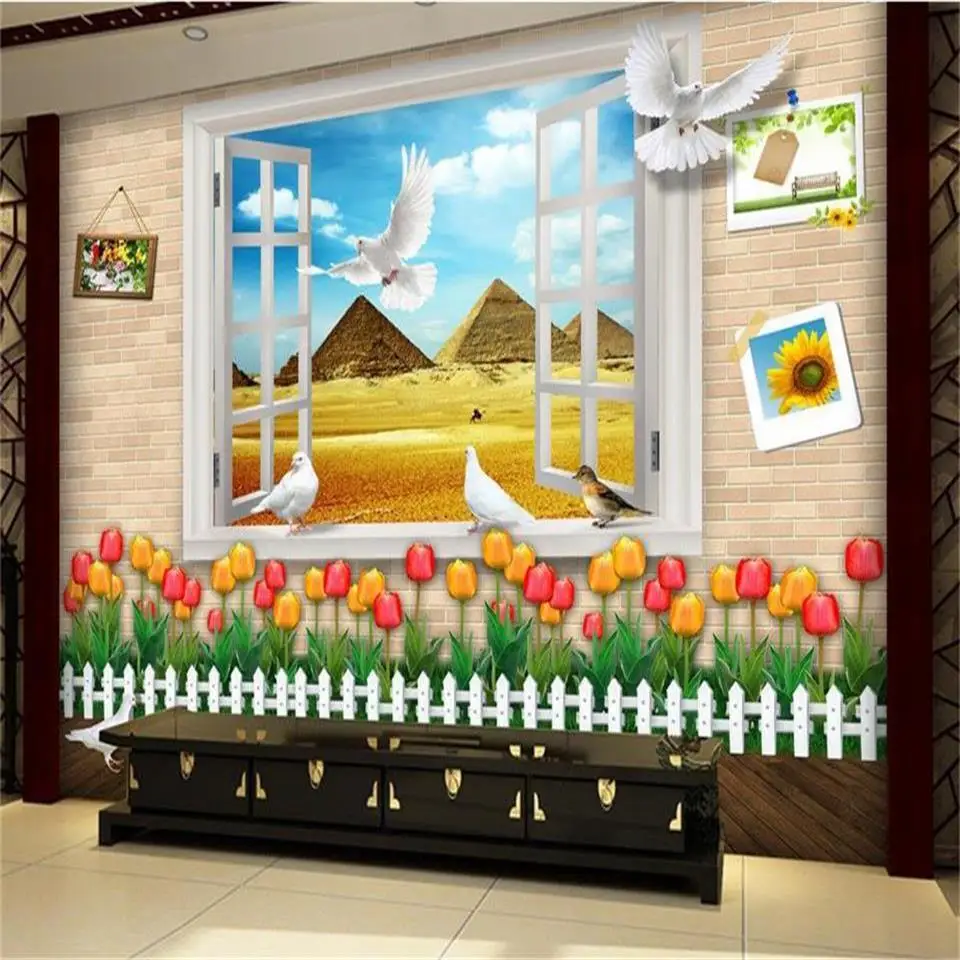 

Фотообои на заказ 3d Фреска гостиная окно Пирамида пейзаж живопись Диван ТВ Фон нетканые обои для стены 3d