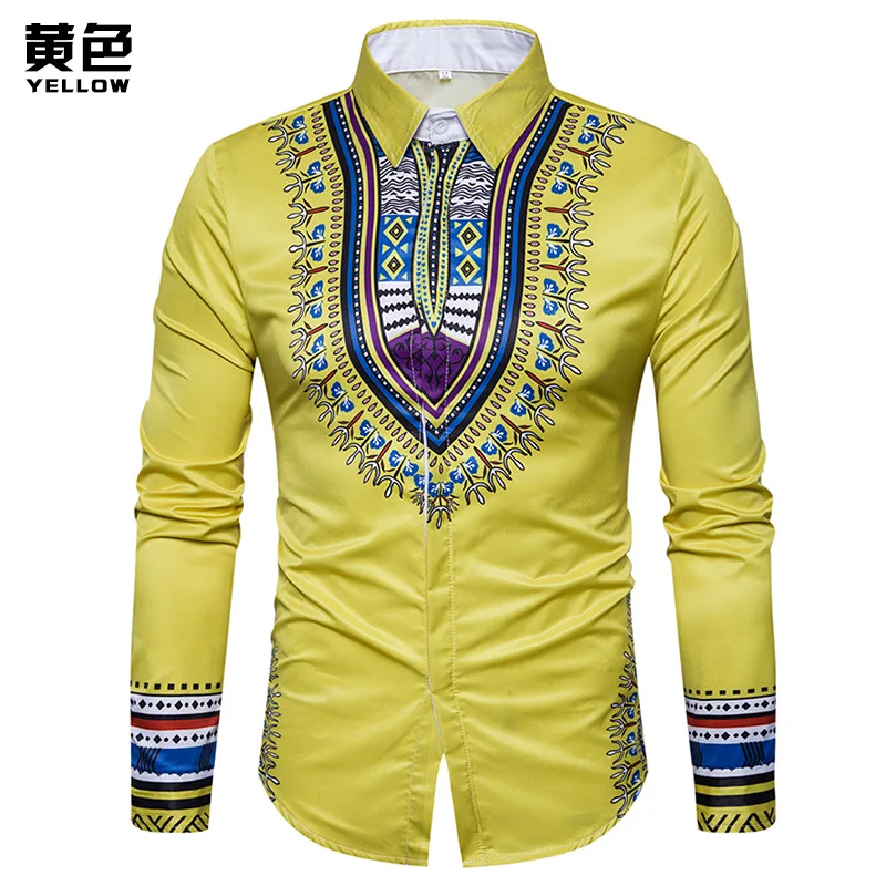 

New Tops men's casual shirt 2018 spring 3D National style printing Floral pattern men fashion Edition long sleeve Shirt EU size