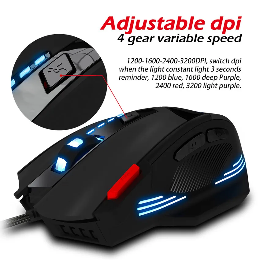 ZELOTES T 60 Проводная оптическая игровая мышь USB 7 кнопок 3200 точек/дюйм компьютерная
