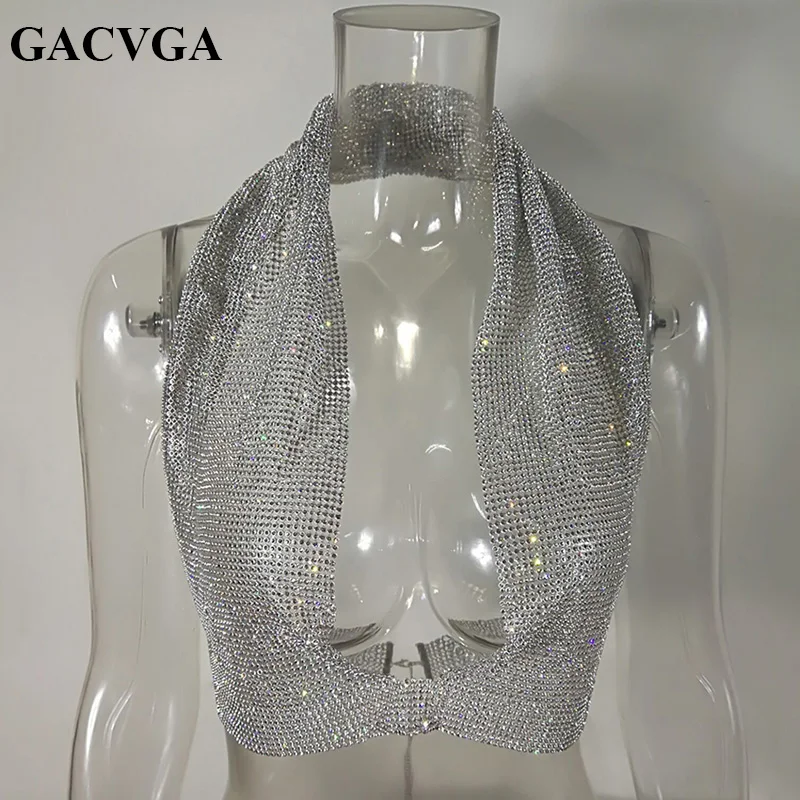 Кроп топ GACVGA с кристаллами 2019 блестящая Сексуальная футболка клубный жилет