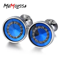memolissa mens luxury crystal cufflinks sea blue rhinestone top quality wedding round cufflinks drop shipping