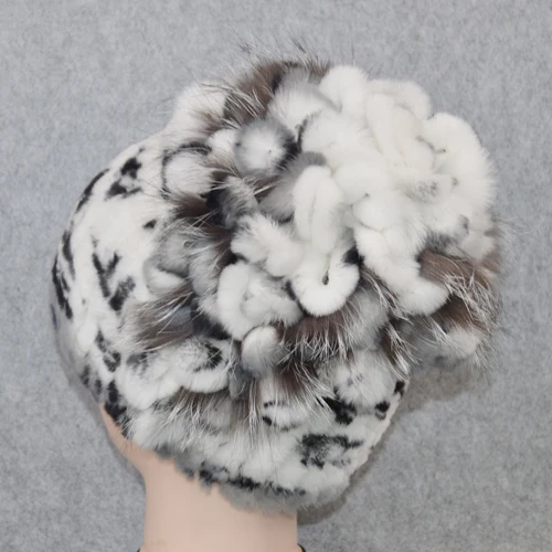 color 19 Новые женские шапки Настоящий мех кролика Skullies, роскошные эластичные вязаные цветочные шапки из натурального меха кролика Рекс, зимние шапки из натурального меха - Цвет: color 19