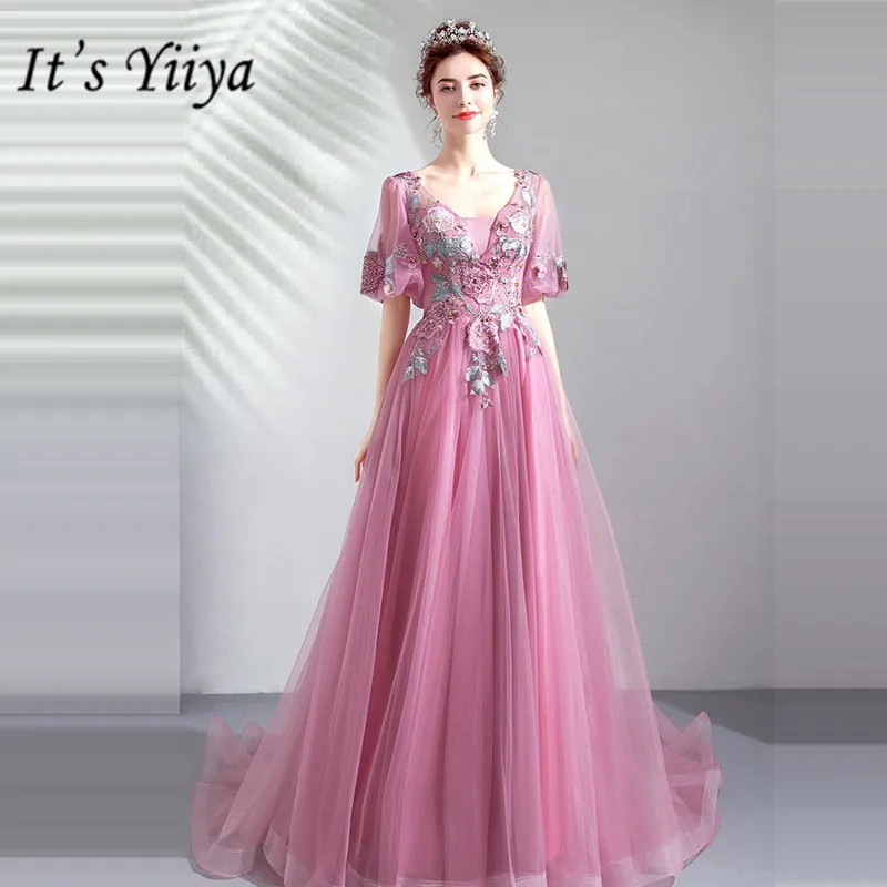 Пром платья с короткими рукавами-Line It's YiiYa, Длина пола Церемониальный шлейф бисером, V-образным вырезом, на заказ Большой размер, длинное вечернее платье, E244,Лето
