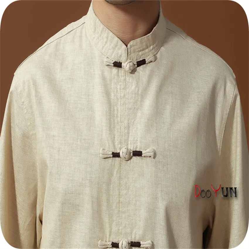 Скидка бежевая Мужская льняная рубашка Топ китайская Новинка Кунг фу Тан костюм