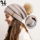 Шапка-бини Женская FURTALK, зимняя, вязаная, с помпоном, с бархатной подкладкой, мешковатая шапка