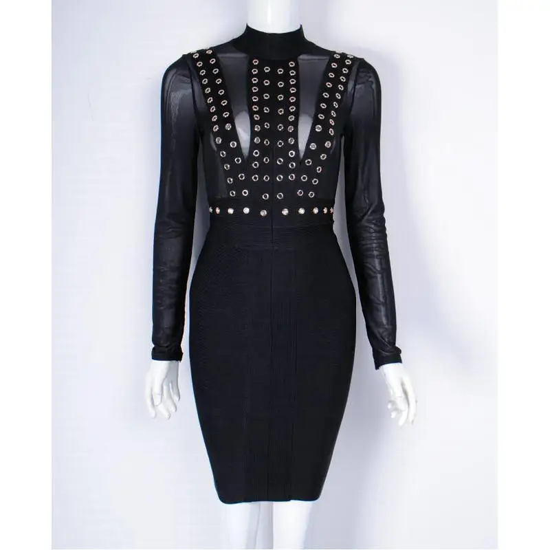 2017 Новый Женщины С Длинным Рукавом сетки Черный o шеи Партия Bodycon Коктейль Бинты