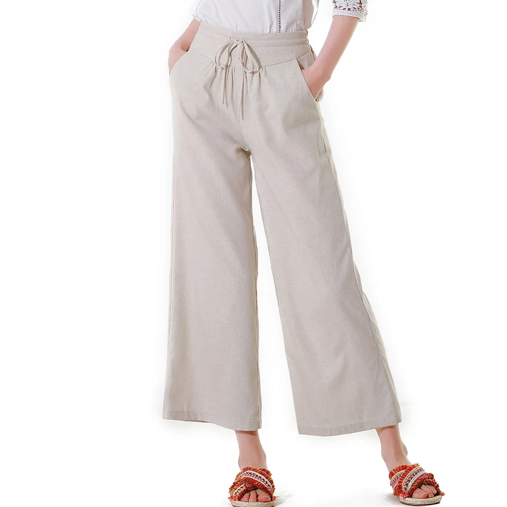 

2019 Women Fashion Drawstring Elastic High Waist Wide Leg Long Pants Cotton Linen Pockets Trousers