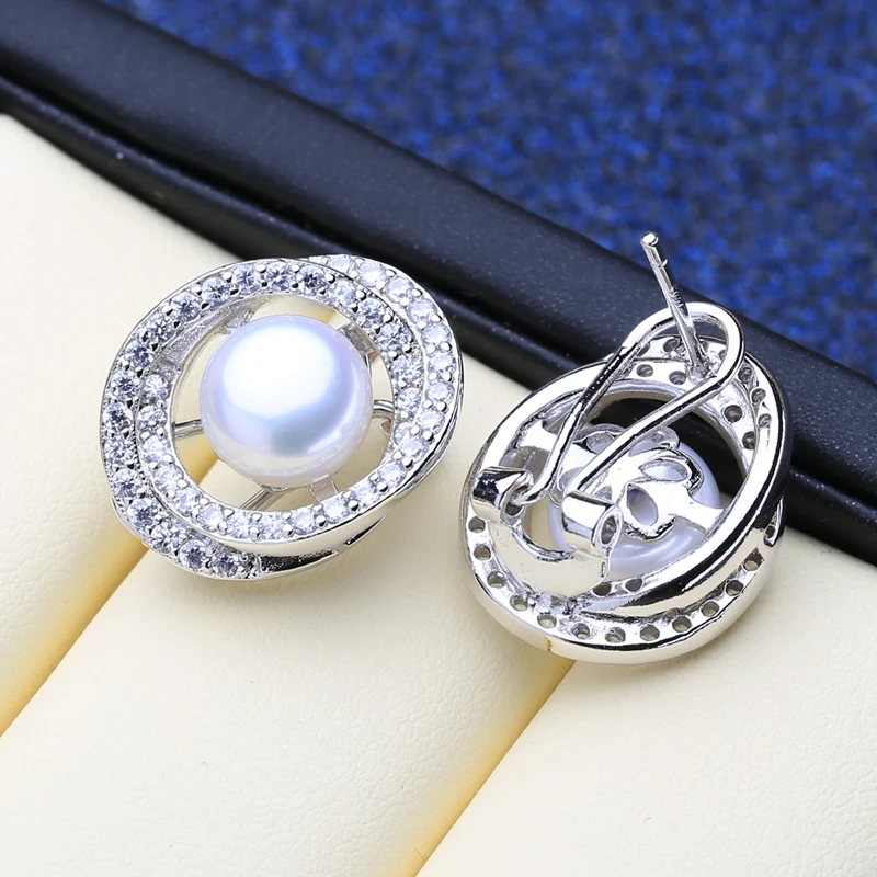 

FENASY Pearl Jewelry Natural Freshwater Pearl Earrings 925 Sterling Silver Stud Earrings Big Size Geometric Wedding Earrings