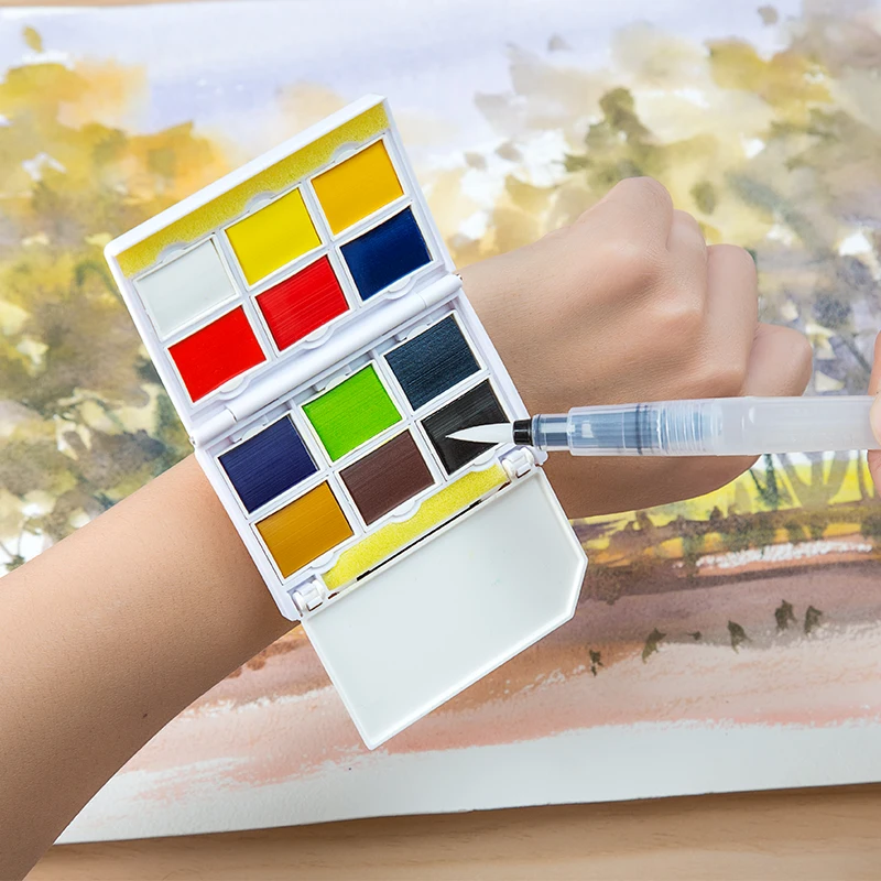 Creative Portable 12/24Colors Watch type Pigment Solid Watercolor Paints Set With Paintbrush Pigment Set best gifts Art Supplies