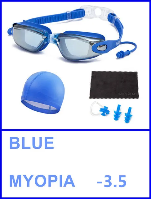 Blue-Set Myopia 350 Очки для плавания по рецепту(близорукие 0-8,0 диоптрий), очки для плавания для близорукости+ шапочка для плавания+ зажим для носа+ беруши+ Сухая ткань - Цвет: Blue-Set Myopia 350
