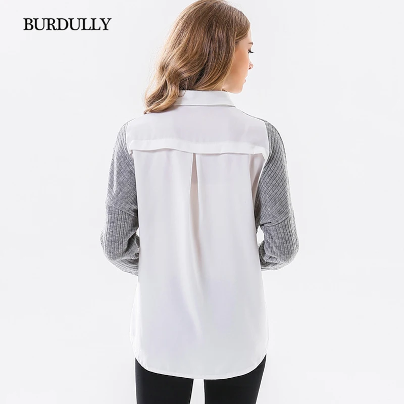 BURDULLY Fashion Office Knitted Blouses Women 2018 Spring Long Sleeve White Patchwork Shirt High Quality Cotton Casual |