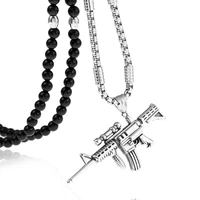mens punk stainless steel machine gun pattern pendant necklace with black natural stone chain 26