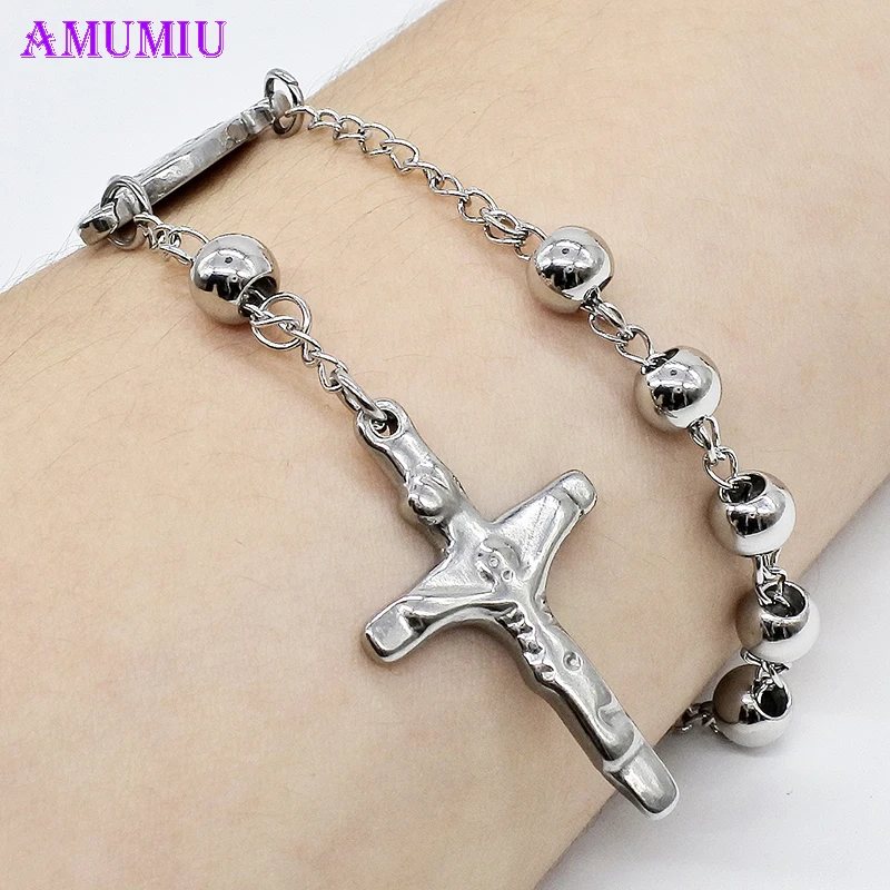 

AMUMIU 20CM*6MM beads rosary Bracelet For men cross Catholic church Stainless steel 316l jewelry B019B