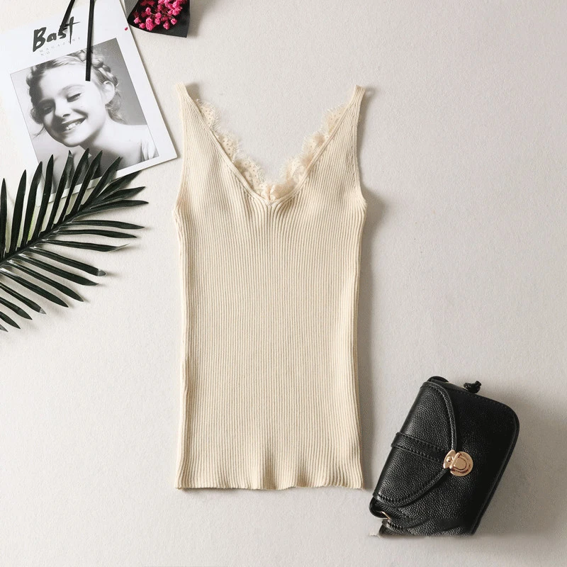 06 Черные трикотажные топы на бретелях женская летняя кофта растягивающийся жилет женская v-образный вырез тонкий сексуальный топ с ремешками - Цвет: 06
