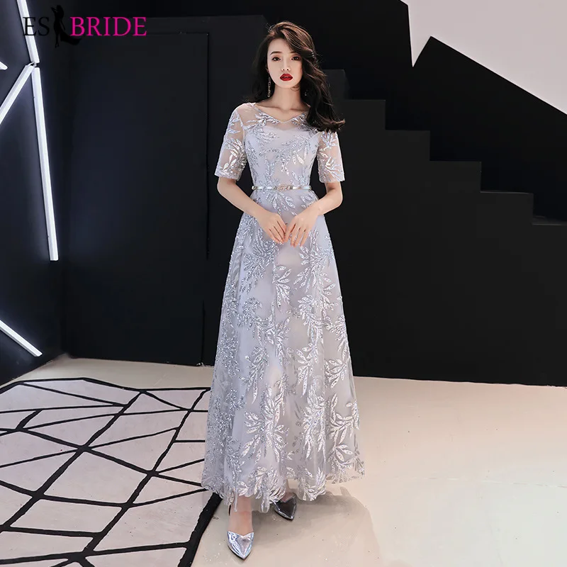 Robe De Soiree сексуальное ТРАПЕЦИЕВИДНОЕ кружевное вечернее платье с v-образным вырезом и коротким рукавом, модные длинные элегантные свадебные платья для гостей ES1410