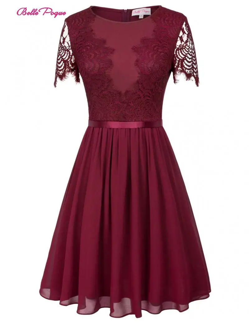 Belle Poque Women Short Sleeve Lace Patchwork Hollow Dress O-neck Breathable A-line Ladies Elegant Party Summer | Женская одежда