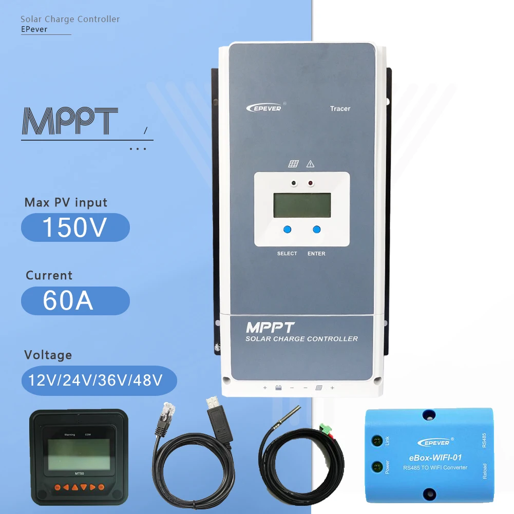 60A-MT50-RS485-TSR-W EPever Tracer6415AN 60A контроллер солнечного зарядного устройства MPPT 12 В 24 в 36 в 48 в авто для Макс. 150 в Солнечная Панель Регулятор ввода с MT50 - Color: 60A-MT50-RS485-TSR-W