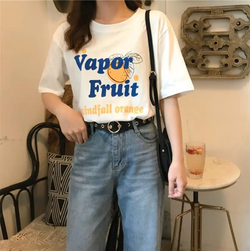 

Orange Letter Print Simple Loose Round Neck Short Sleeve T-Shirt