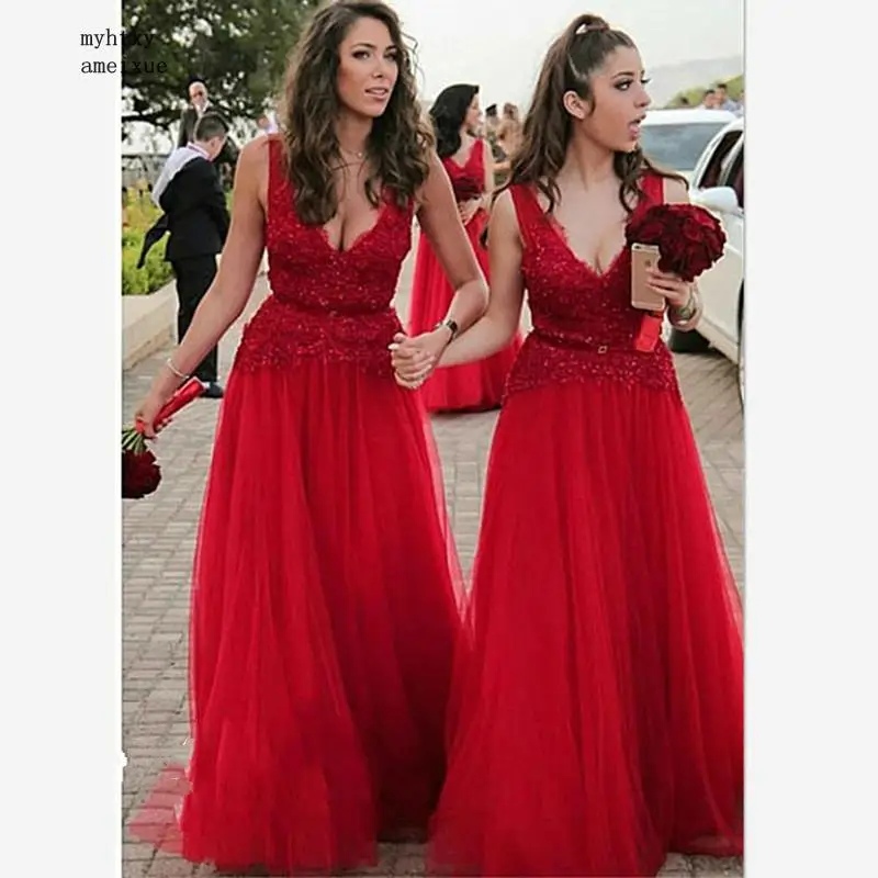 Red Tulle A Line Long Bridesmaid Dresses Sexy Plunging Neck Appliques Lace Wedding Guest Maid Of Honor Dress For Women