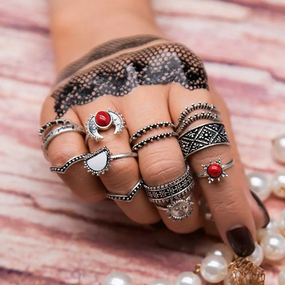 FAMSHIN 14 шт./компл. винтажные серебряные цвета Луна и солнце кольцо среднего размера