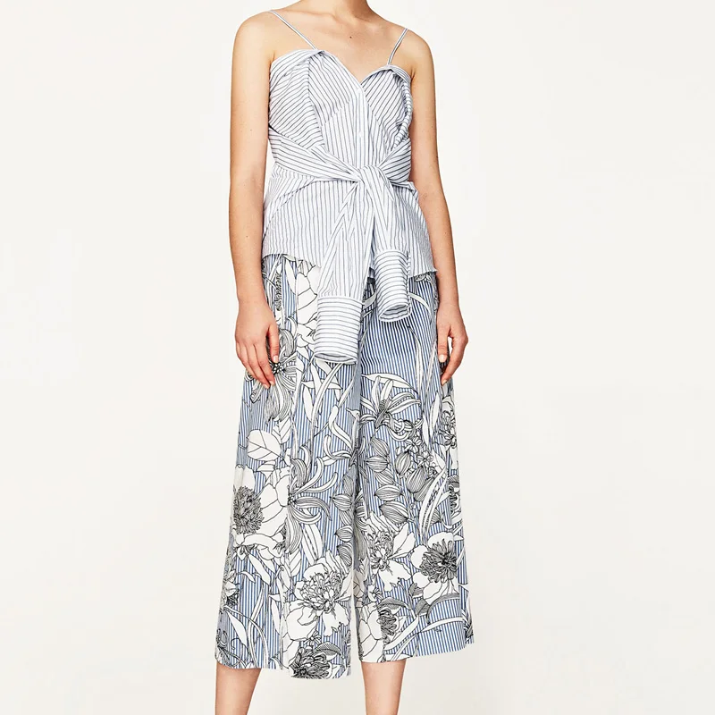 Женские свободные брюки в синюю полоску с цветочным принтом милые весенне-летние