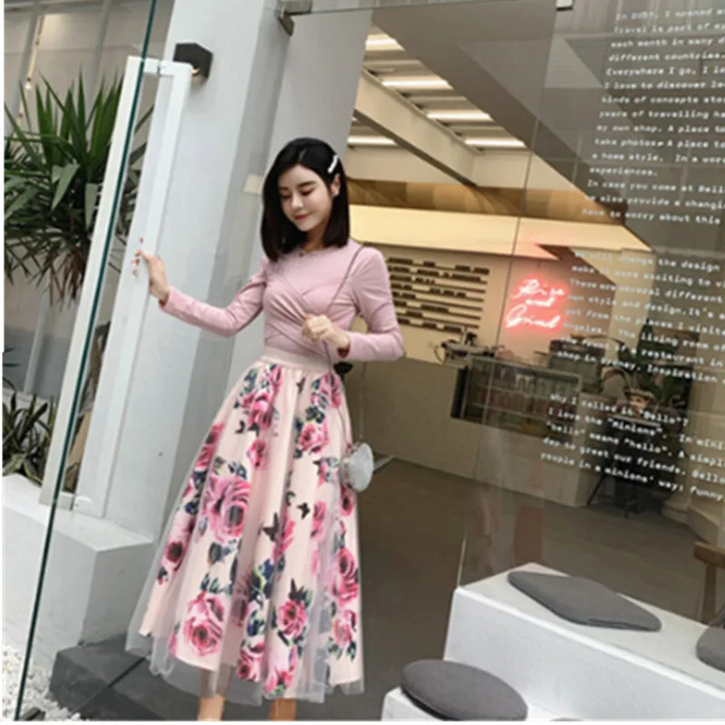 Photo Color Женский комплект из кофты и длинной юбки, женский комплект из футболки с длинным рукавом и длинным поясом, перекрещивающимся на груди, и юбки с сетчатым верхним слоем и подкладом с цветочным узором - Цвет: Photo Color