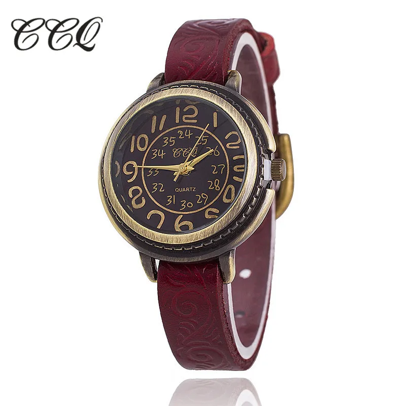 CCQ Марка Винтаж Корова Кожаный Браслет Смотреть Женщин Цветочной Гравировкой