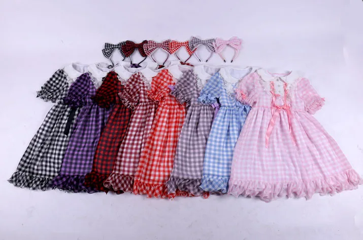 Kawaii клетчатое платье в клетку, японское женское платье в стиле Лолиты, милое цельное бальное платье с бантом, коротким рукавом и воротником в стиле Питера Пэна