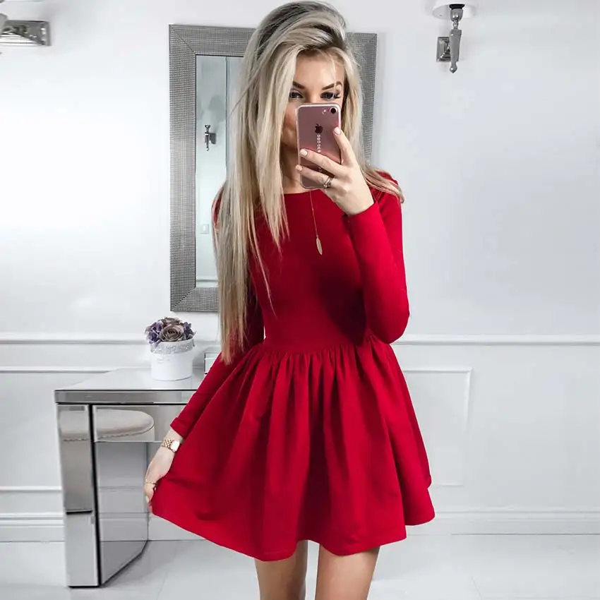 Осень-зима, женское платье, модное, однотонное, красное, черное, обычное, с круглым вырезом, сексуальное, Клубное, повседневное, милое, ТРАПЕЦИЕВИДНОЕ ПЛАТЬЕ, женские платья Vestidos - Цвет: Red
