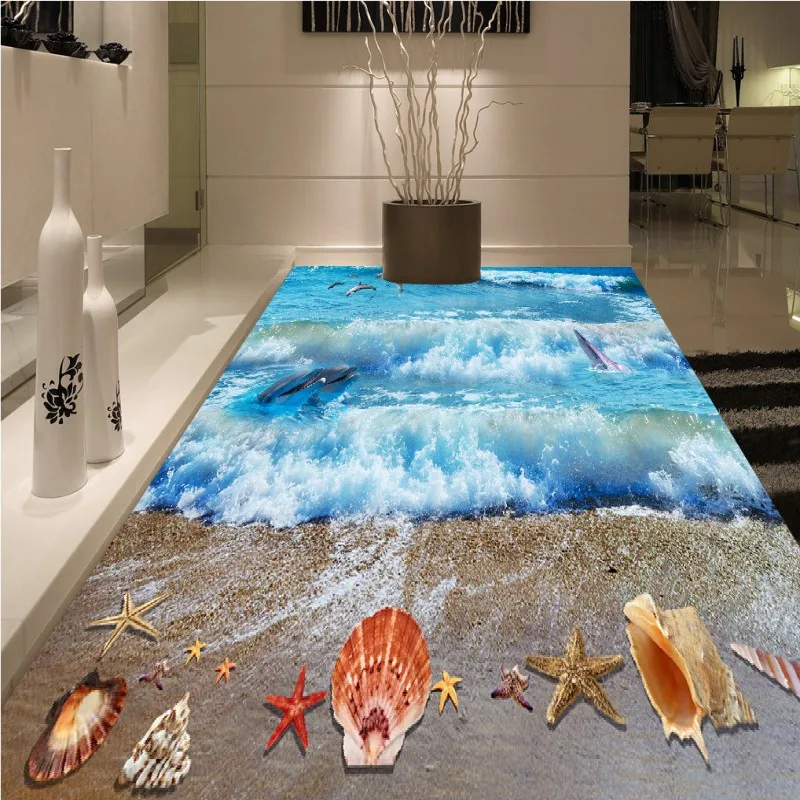 

Free Shipping square bedroom lobby flooring painting Summer beach starfish dolphin self-adhesive floor wallpaper mural
