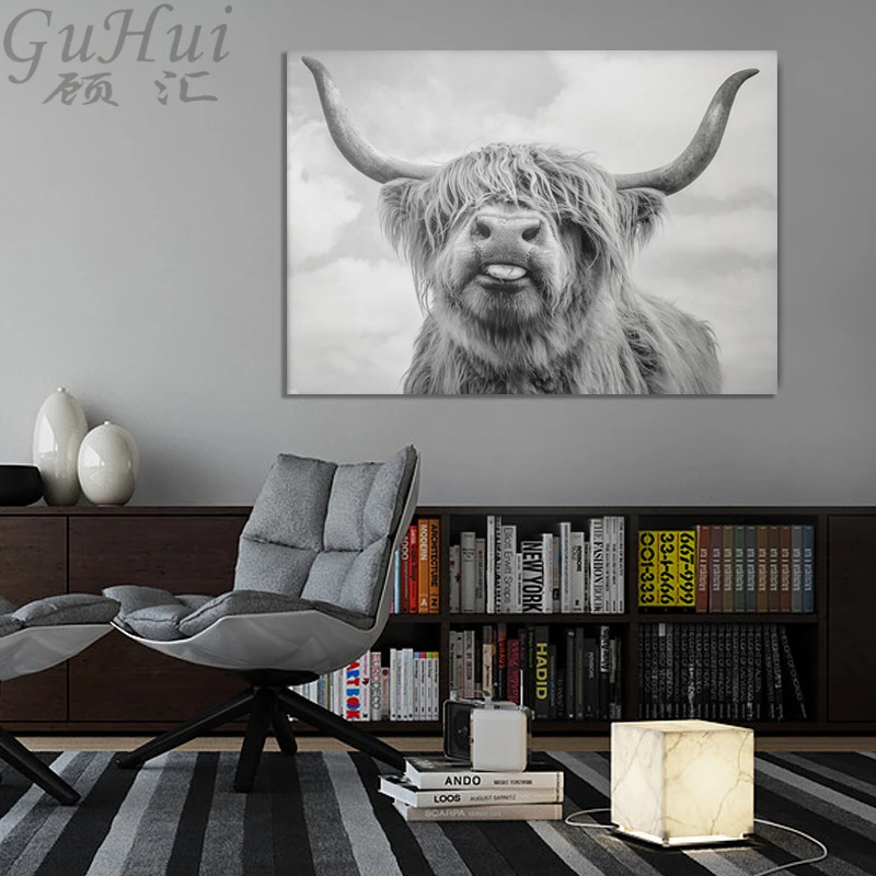 Chinese Black and White Tibetan Yak Animal Decorative Painting Living Room Background Photography Cattle Wall Picture Poster | Дом и сад